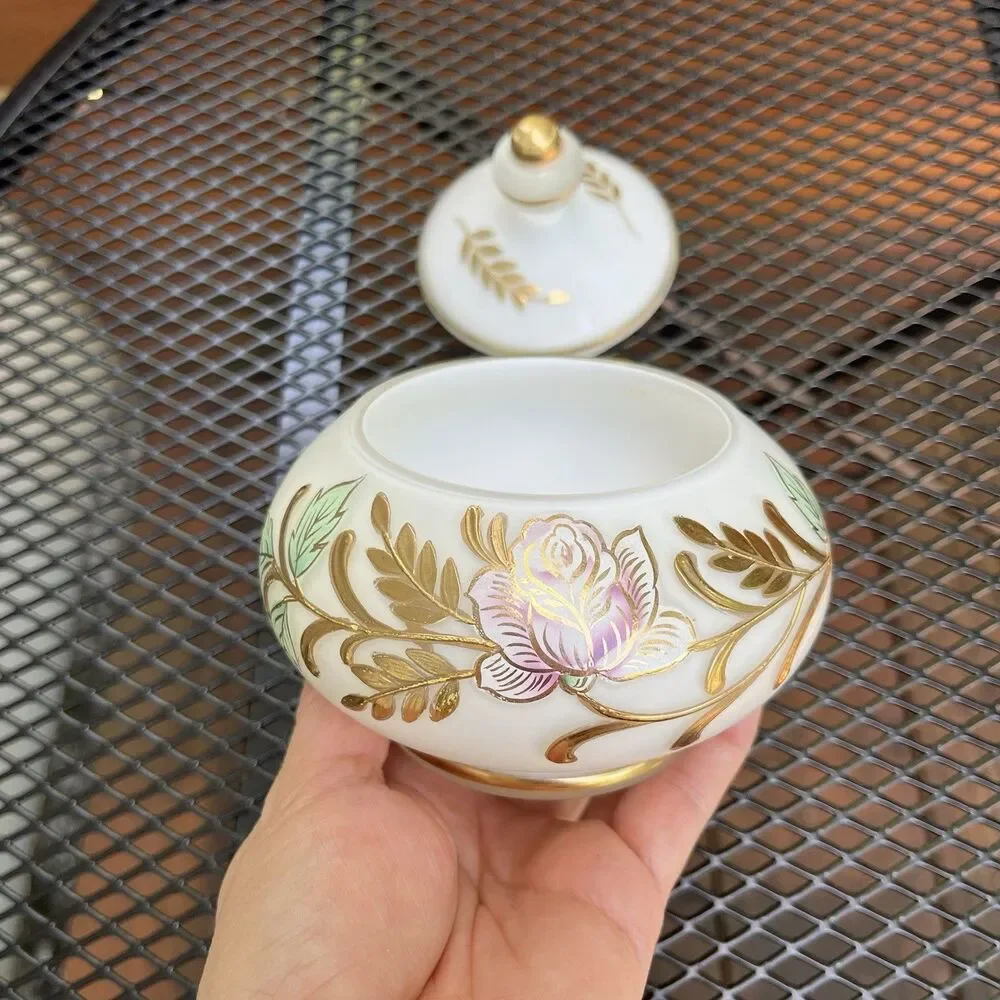 Vintage French Country Rose Jewelry Covered Trinket Dish Frosted Glass Goldleaf